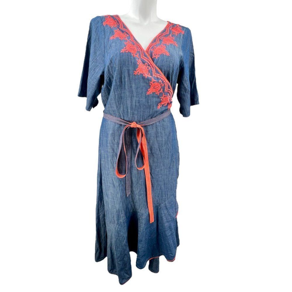 Wayward Fancies by eShakti Coral Embroidered Chambray Maxi Wrap Dress 3X 26W